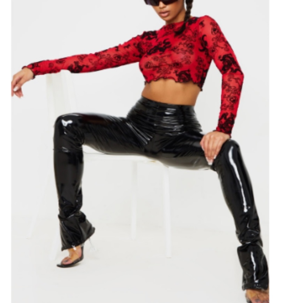 Black Vinyl Split Hem Skinny Leggings